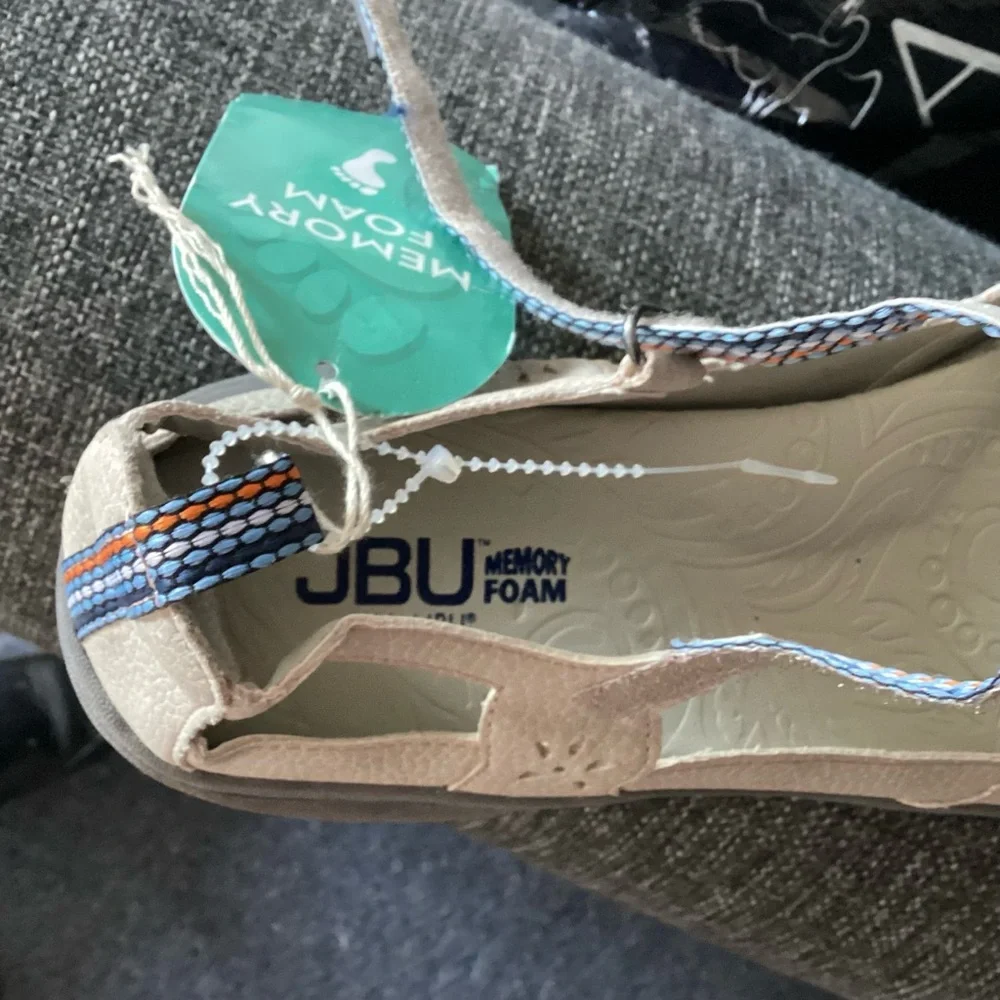 10M JBU Beige Ankle Strap Memory Foam Flats Shoes Deep Sea Encore - Picture 7 of 10